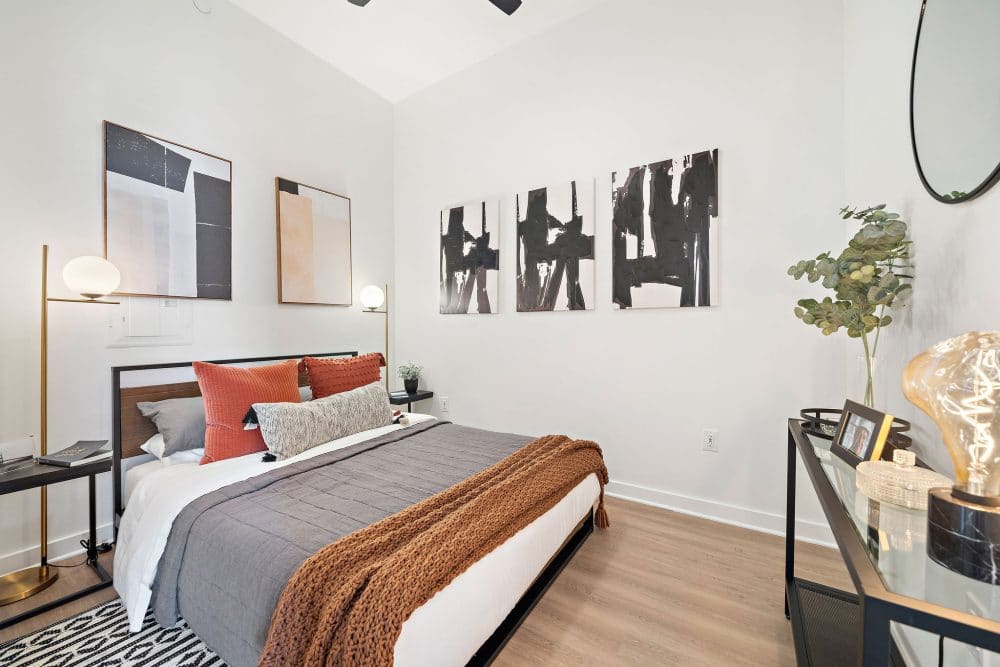 Houston apartment bedroom with wood flooring