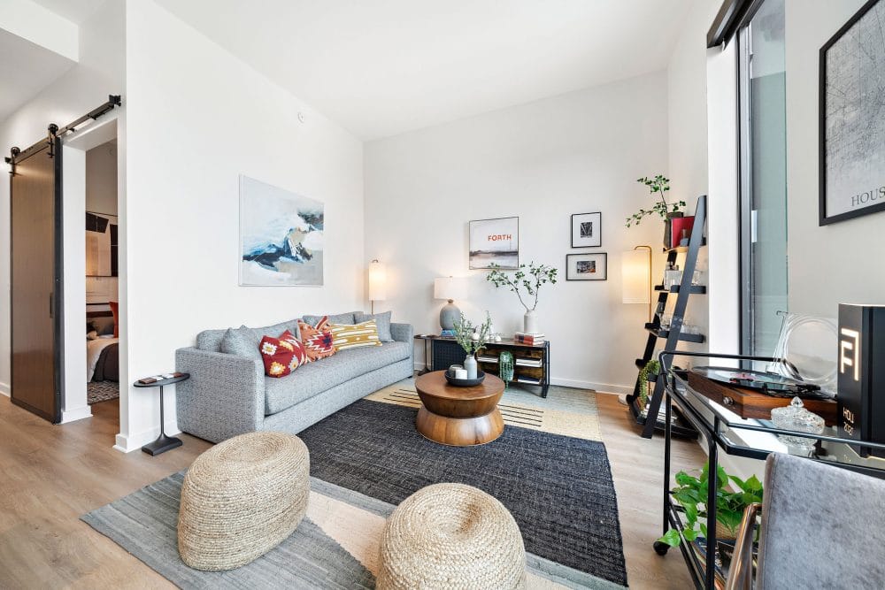 spacious living room of a studio apartment in Houston