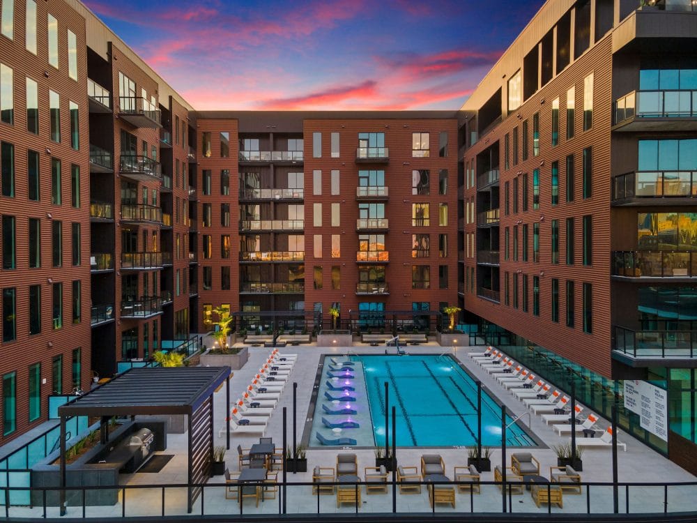 exterior view of the Forth at Navigation building and swimming pool area