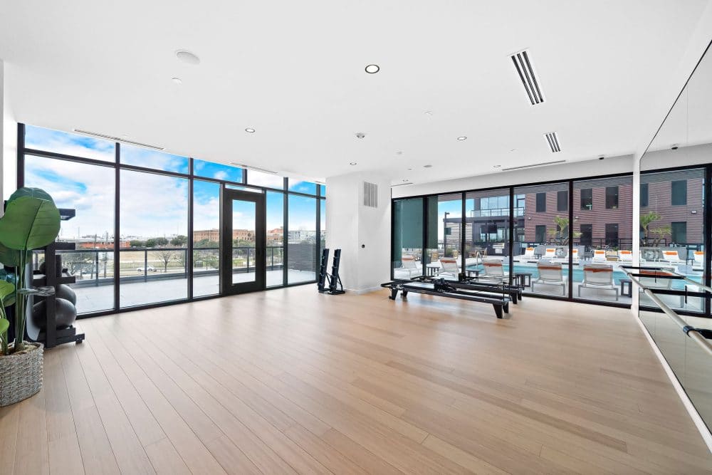 Forth at Navigation's yoga room with floor-to-ceiling windows